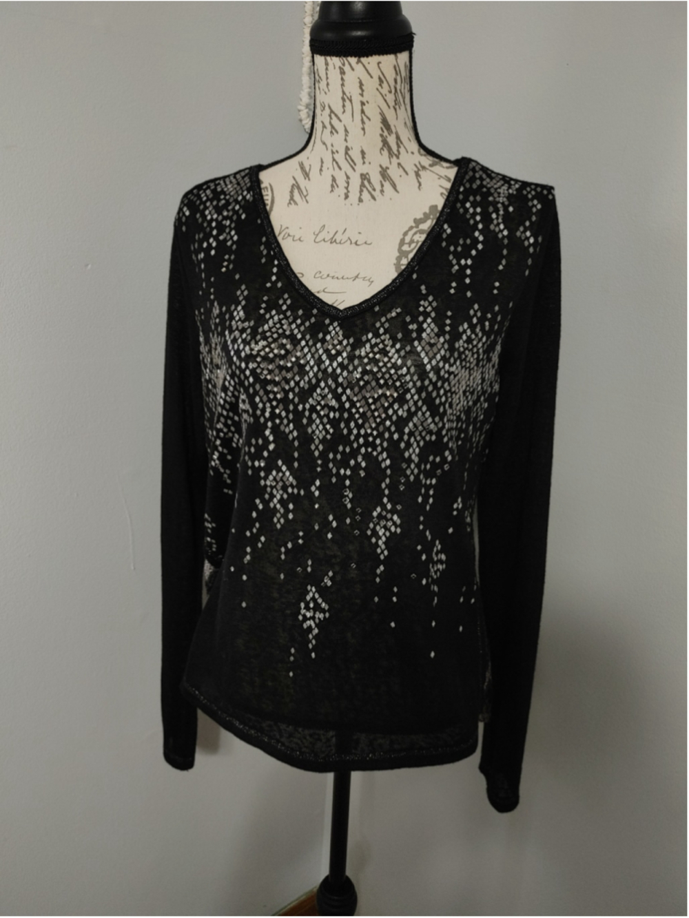 Women's Miss Me Long Sleeve Tee Black Silver Semitransparent Sparkle Size M